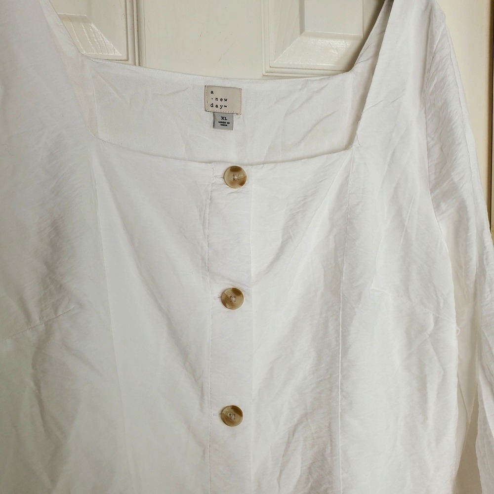 A New Day White Square Neck Button Front Balloon Sleeve Blouse XL Casual